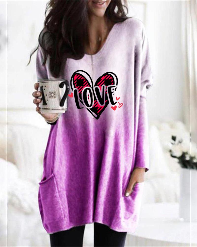 

Valentine' Day Letter Heart Print Ombre Casual Top, Purple