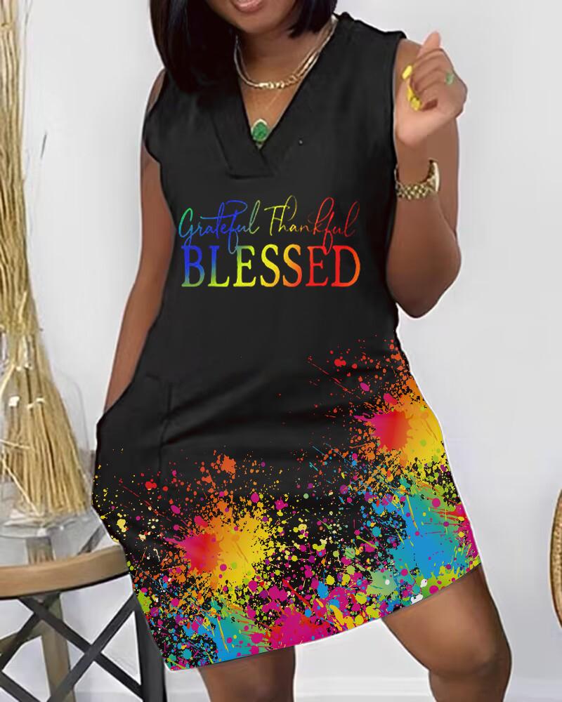 

Plus Size Grateful Thankful Blessed Ink Splash Print Casual Dress, Black