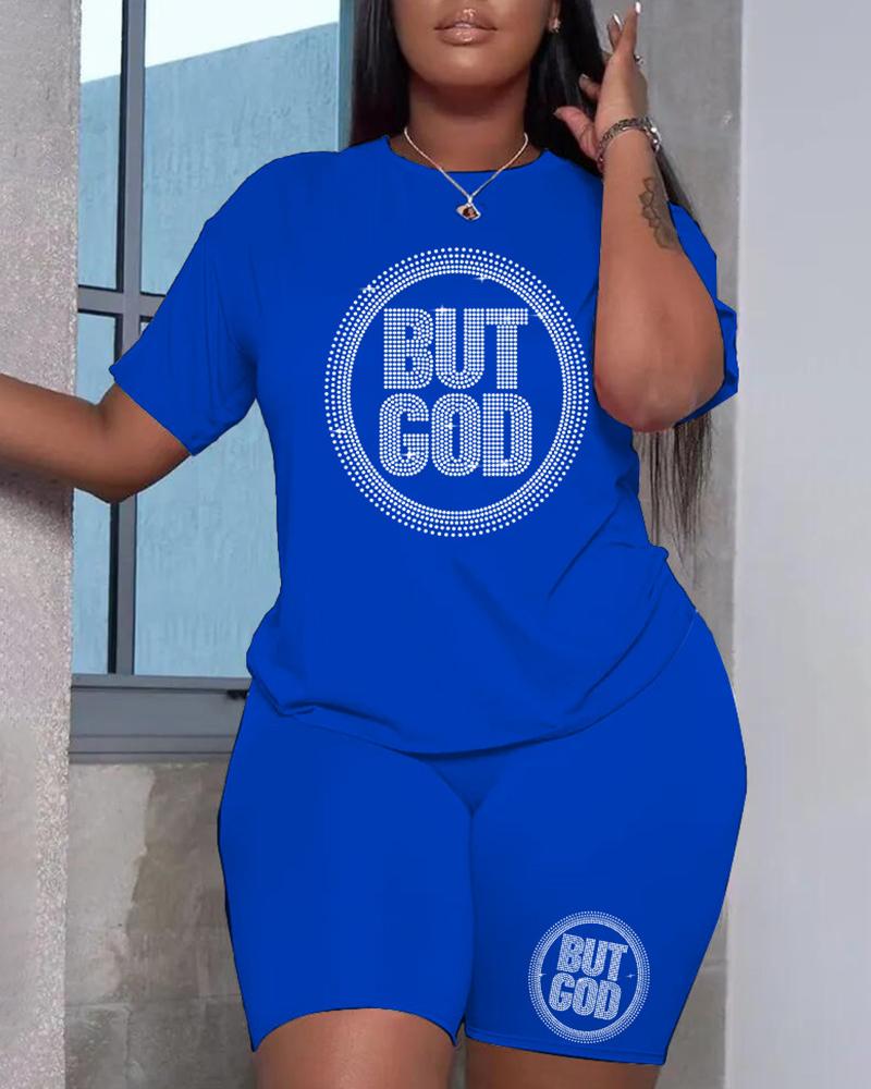 

O-Neck Letter Pattern Rhinestone Top & Shorts Set, Blue