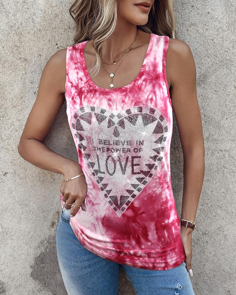 

Camiseta sin mangas con diamantes de imitación y letra de corazón con estampado Tie Dye, Red