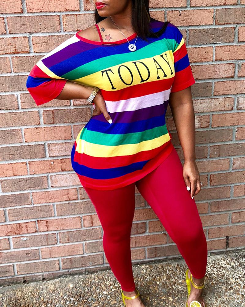 

Striped Letter Print Top & Plain Pants Set, Red