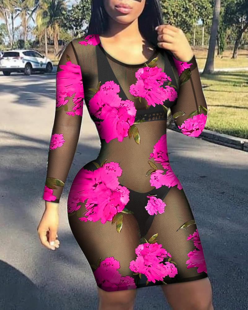 

Floral Print Sheer Mesh Bodycon Dress, Black