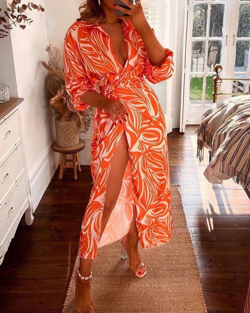 

Plants Print High Slit Lantern Sleeve Maxi Dress, Orange