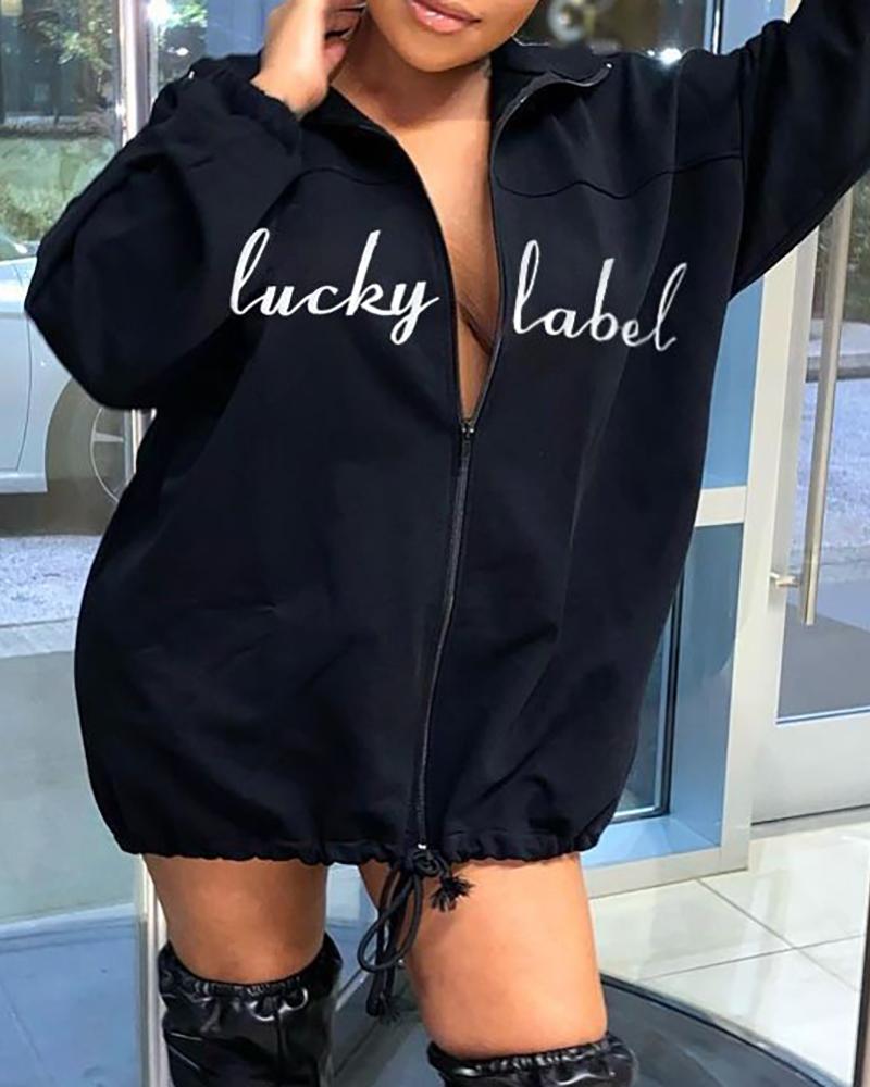 

Letter Print Long Sleeve Zipper Design Casual Dress, Black