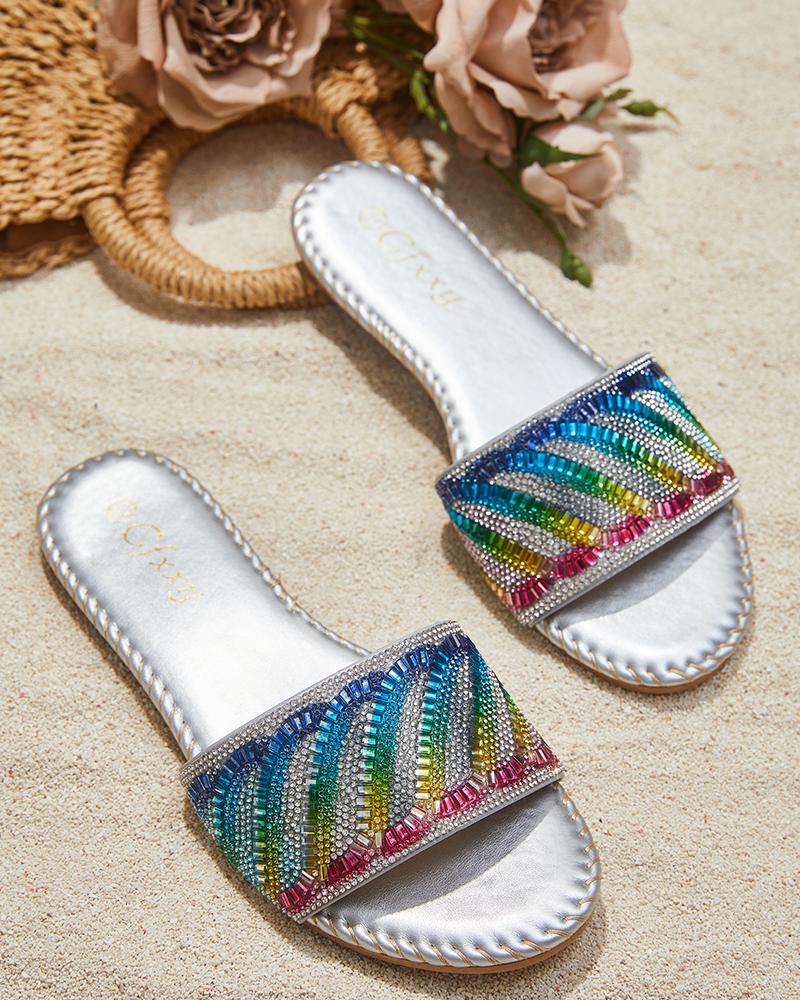 

Colorblock Rhinestone Round Toe Slippers, Silver