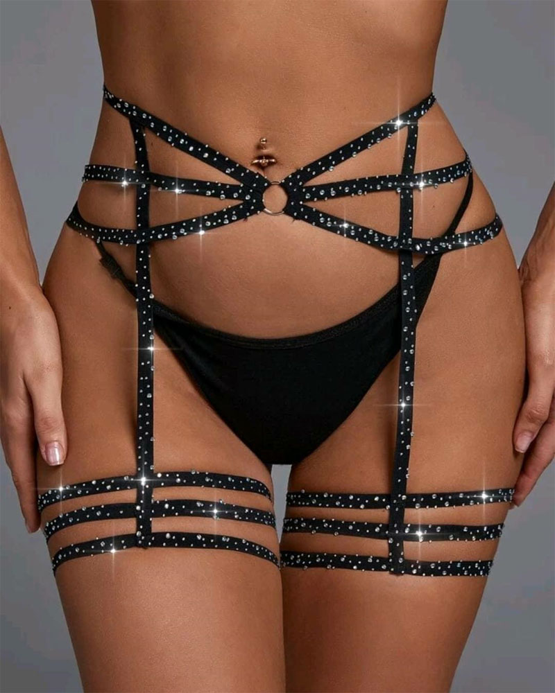 

Rhinestone O-Ring Garter Belt With Thong, Black