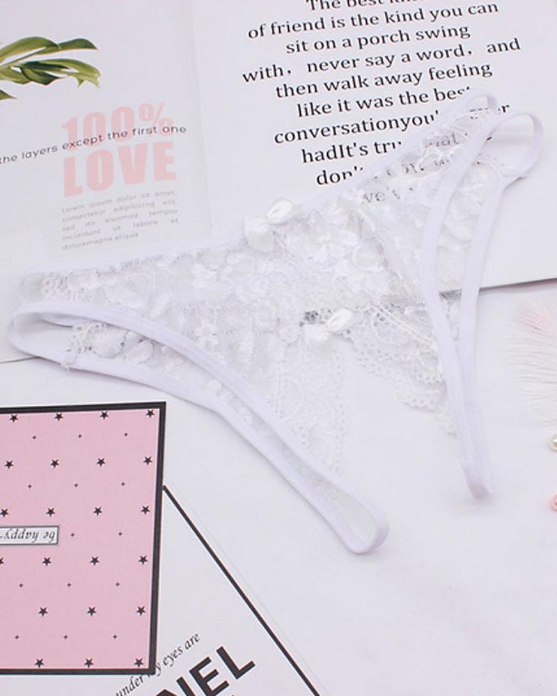 

Plain Cutout Lace Trim Bowknot Design Thong Crotch Comfortable Soft Breathable Hollow Thong, White