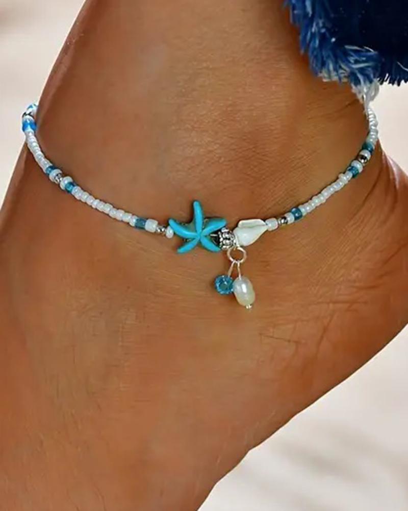 

1pc Rice Beaded Starfish Beach Foot Jewelry Anklet, Silver