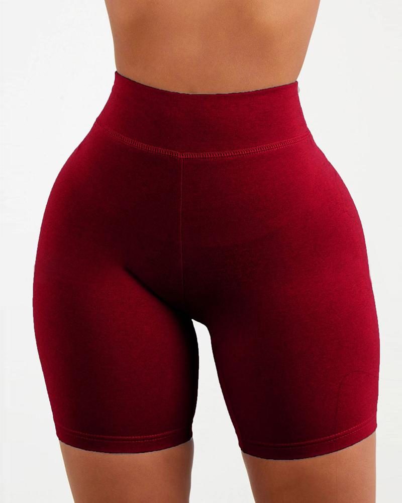 

High Rise Plain Biker Shorts, Wine red