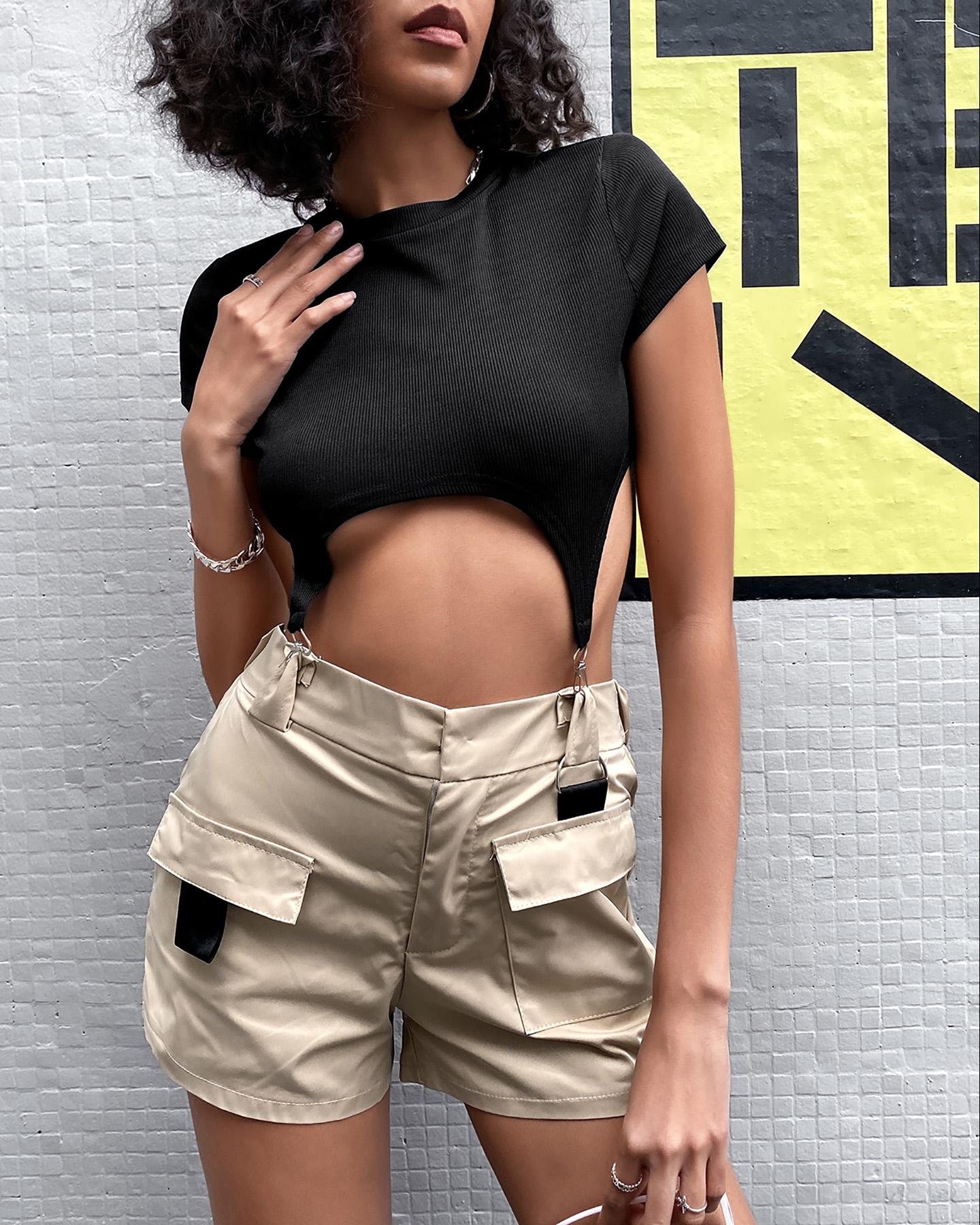 

High Waist Pocket Design Shorts, Khaki
