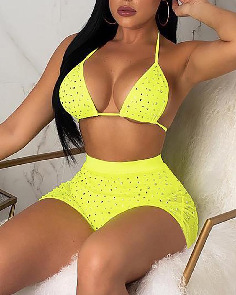 

Halter See Through Sequins Mesh Bra & Shorts, Yellow