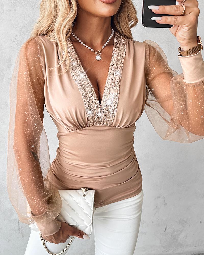 

Contrast Sequin Sheer Mesh Patch Lantern Sleeve Top, Khaki