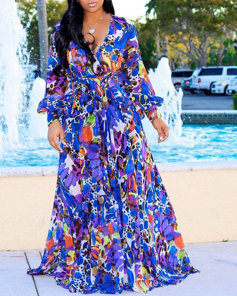 

Plus Size Tropical Print Deep V Belted Warp Maxi Dress, Dark blue