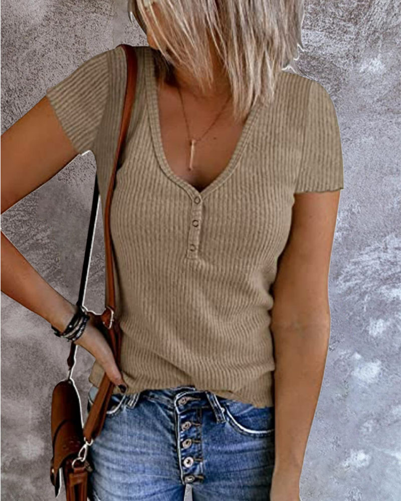 

Short Sleeve Button Front V-Neck Casual T-shirt, Khaki