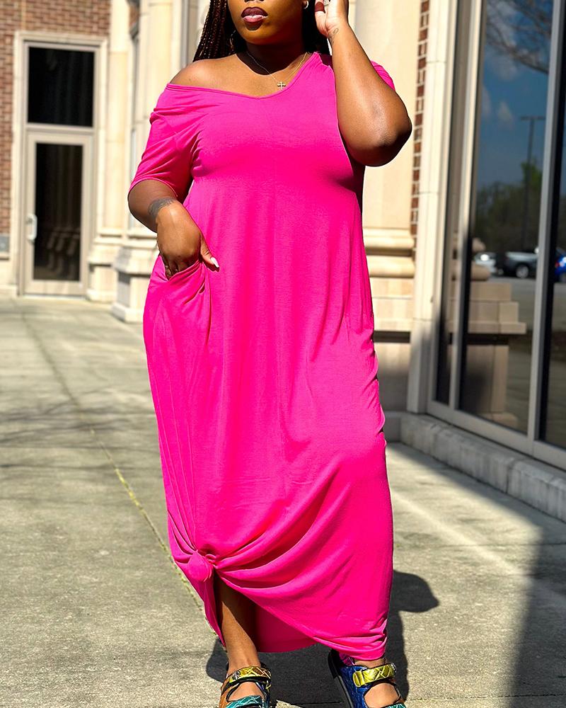 

V-Neck Short Sleeve Maxi Dress, Hot pink