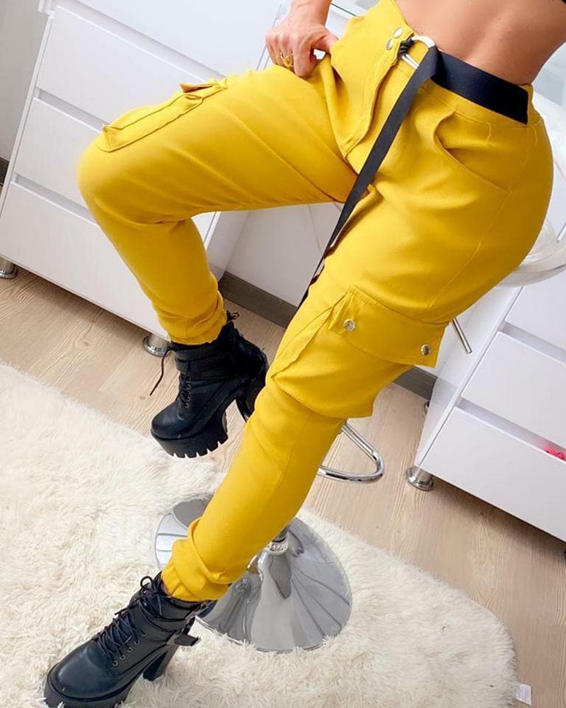 

O-Ring Tape Solid Pocket Design Cargo Pants, Yellow