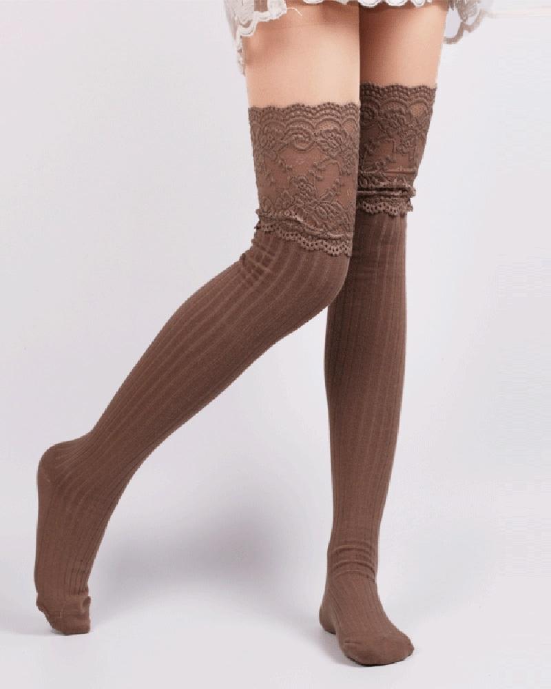 

Lace Trim Over The Knee Socks, Khaki