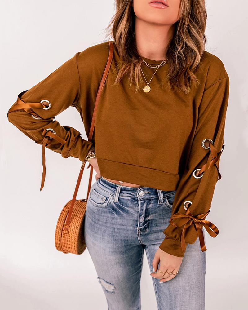

Grommet Eyelet Lace-up Long Sleeve Crop Top, Brown