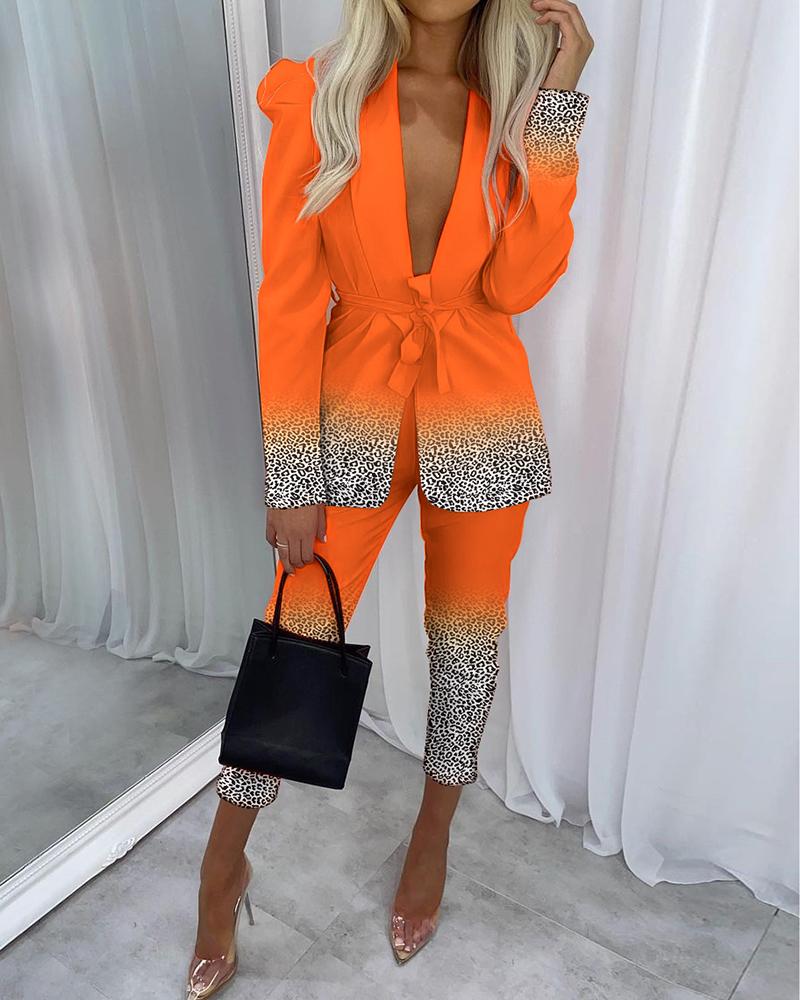 

Leopard Print Shawl Collar Tie Front Blazer & Pants Set, Orange