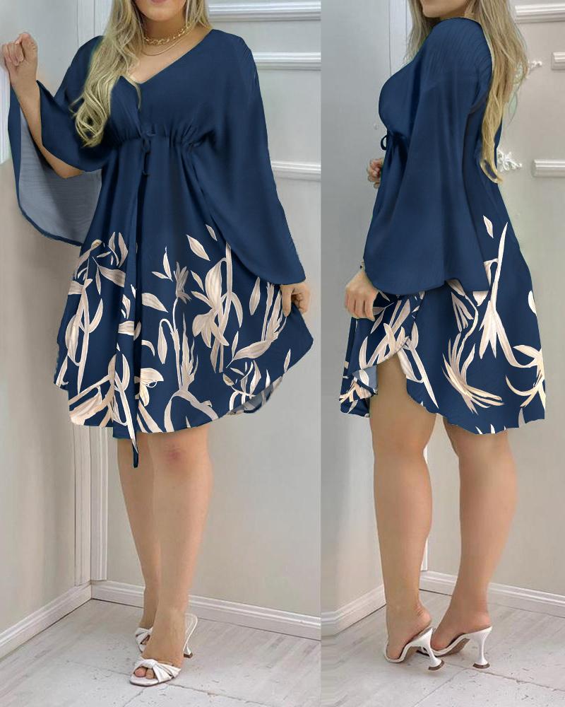 Plants Print Cloak Sleeve Drawstring Casual Dress