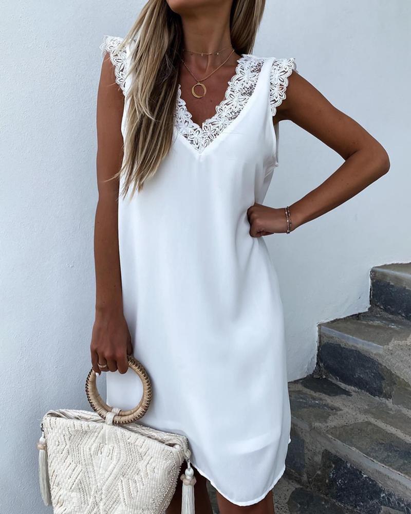 

Lace Trim V-Neck Casual Dress, White