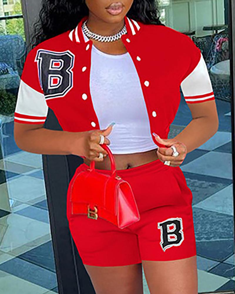 

Colorblock Letter Print Baseball Coat & High Waist Shorts Set, Red