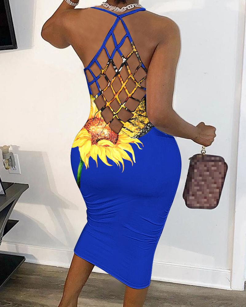 

Butterfly Sunflower Print Fishnet Backless Bodycon Dress, Blue