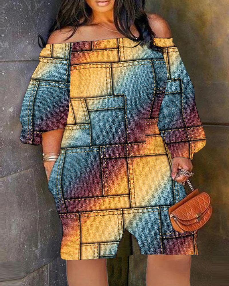 

Plus Size Denim Look Print Rainbow Ombre Romper, Multicolor