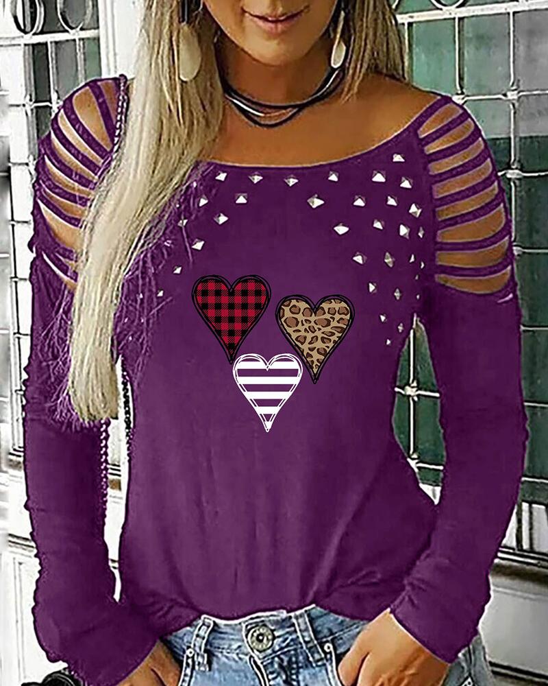 

Long Sleeve Heart Print Cutout Studded Top, Purple