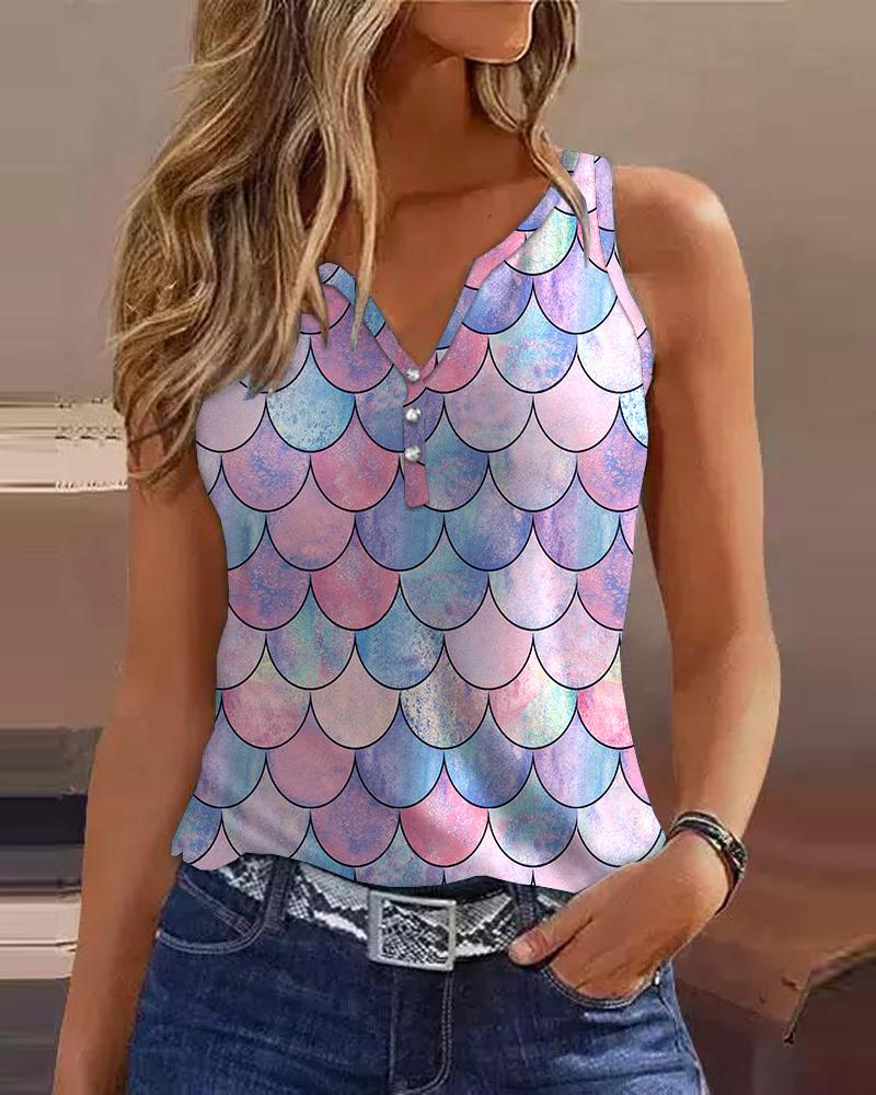 

Fish Scale Print Notch Neck Buttoned Tank Top, Multicolor