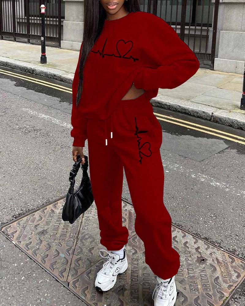 

Light Fabric Heart Print Long Sleeve Top & Pants Set, Red