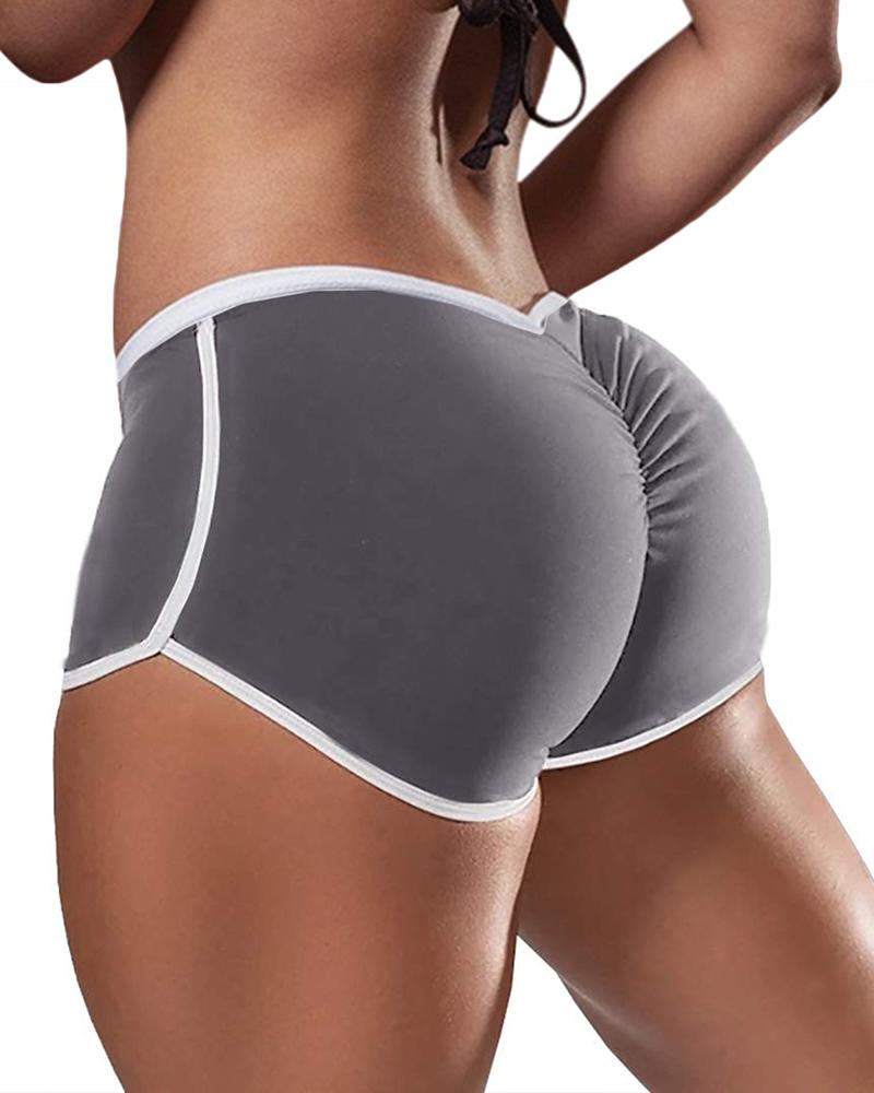 

Low Waist Contrast Binding Ruched Yoga Shorts, Gray