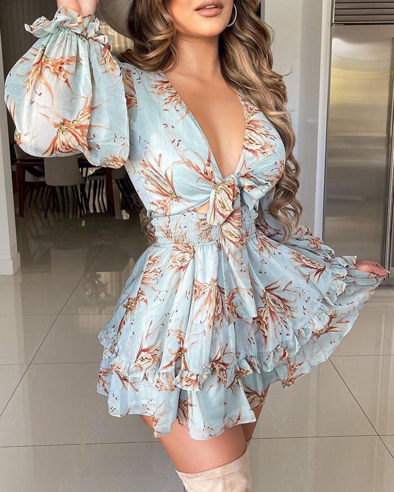 

Floral Print Lantern Sleeve Frill Hem Shirred Dress, Lighted blue