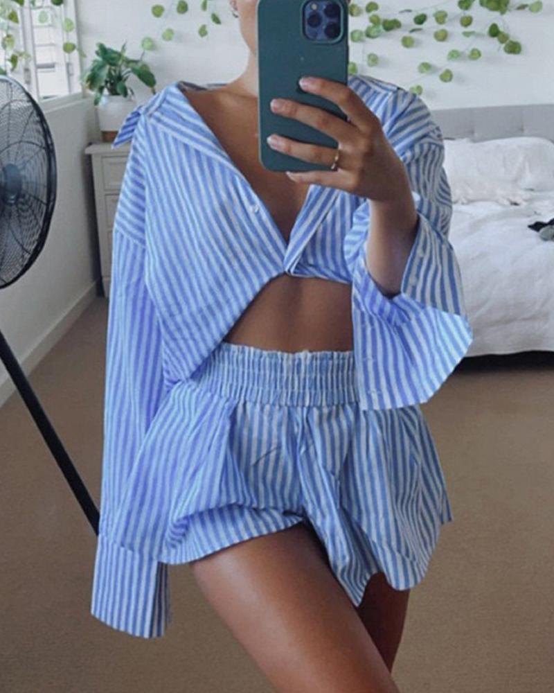 

Striped Button Front Long Sleeve Blouse & Shorts Set, Blue