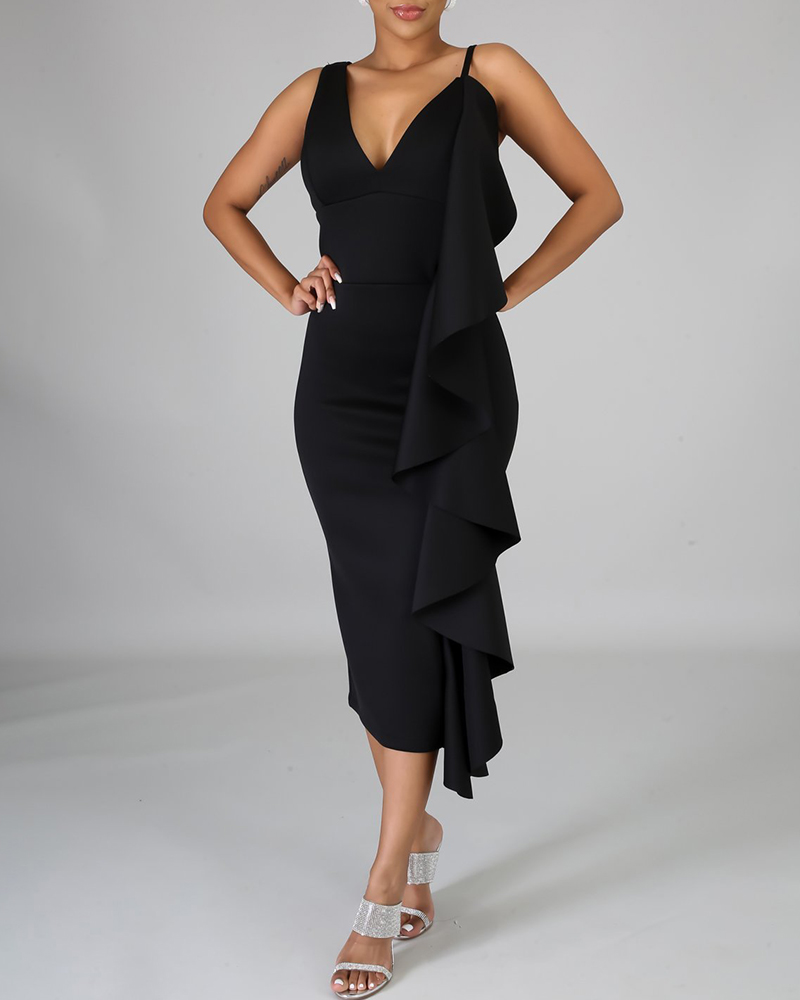

Plunge Ruffles Asymmetrical Party Dress, Black