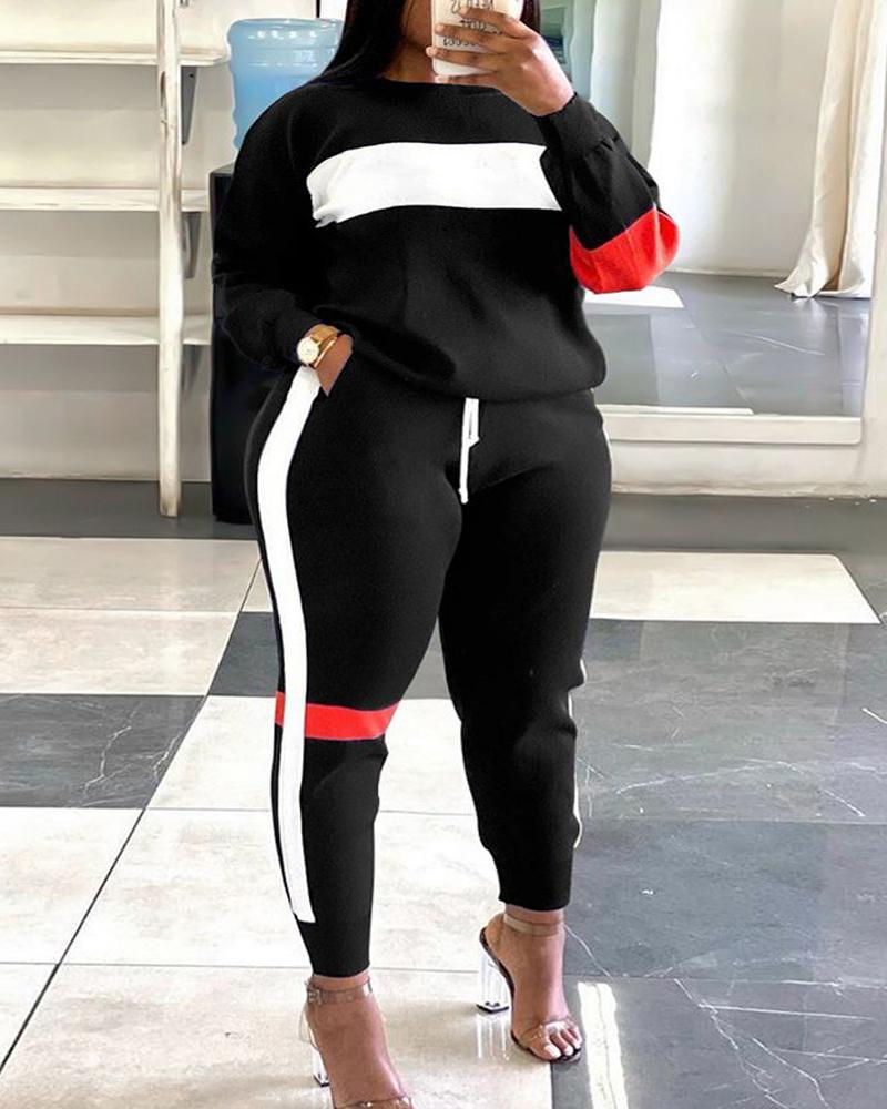 

Plus Size Colorblock Sweatshirt & Striped Sweatpants Set, Black