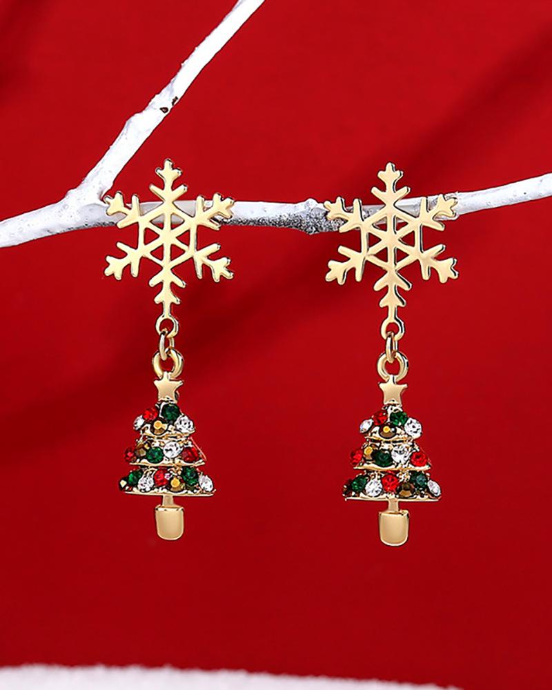 

Christmas Tree Pattern Snowflake Shaped Drop Earrings, Gold