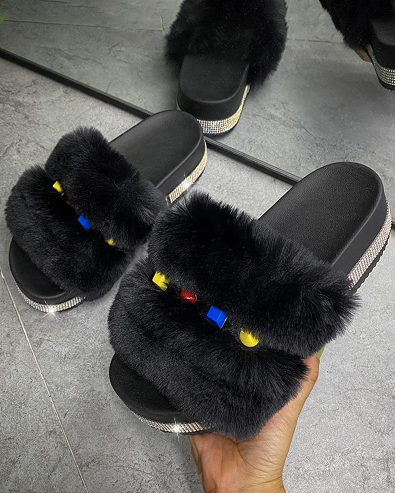 

Rhinestone Decor Studded Platform Fluffy Slipper, Black