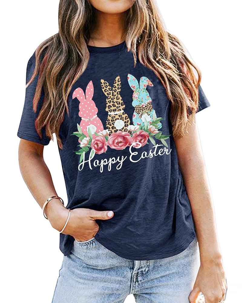 

Happy Easter Bunny Floral Print T-shirt Holiday Graphic Tee, Dark blue