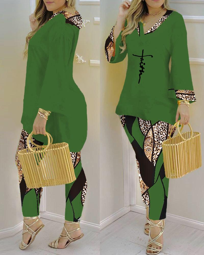 

Plus Size Faith Baroque Leopard Print Top & Pants Set, Green