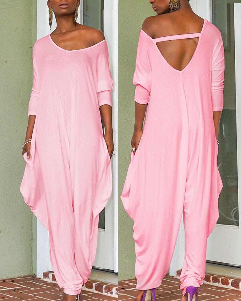 

Long Sleeve V-Neck Harem Jumpsuit, Pink