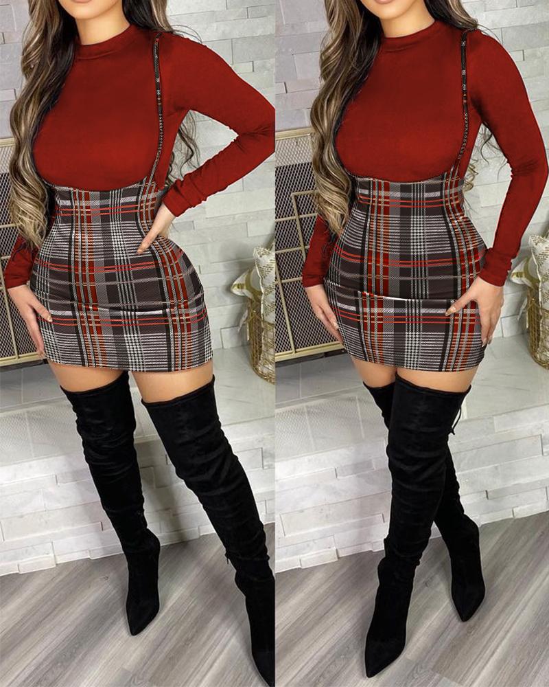 

Long Sleeve Top & Plaid Print Suspender Skirt Set, Multicolor