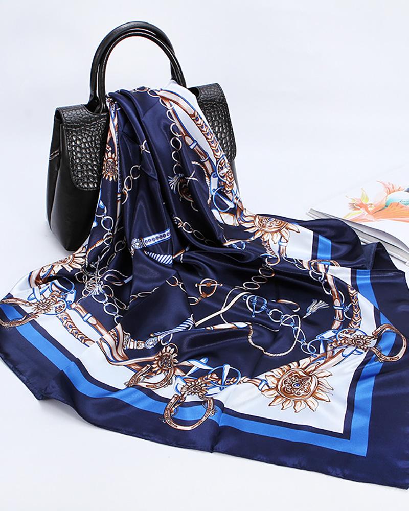 

Chain Graphic Print Square Silk Scarf, Dark blue