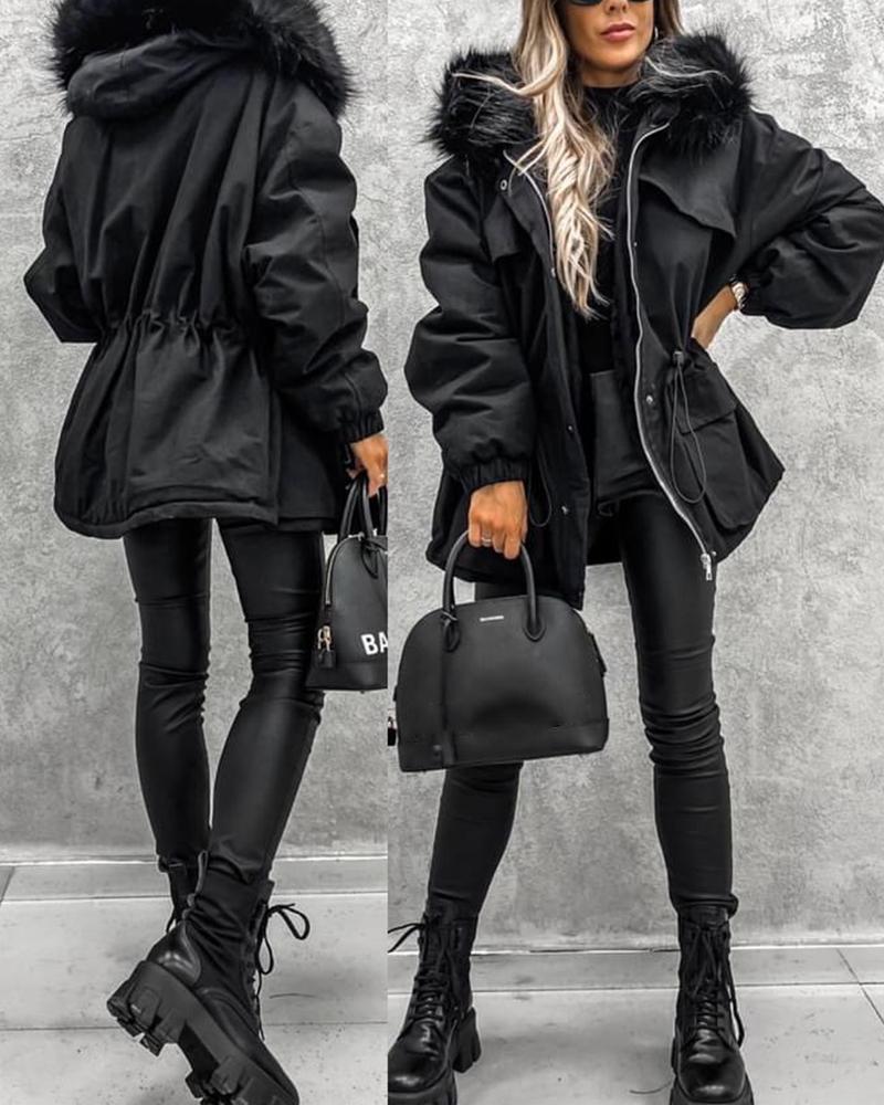 

Women's Parka Casual Winter Long Coat Zipper Design Drawstring Lined Faux Fur Collar Jacket, Black