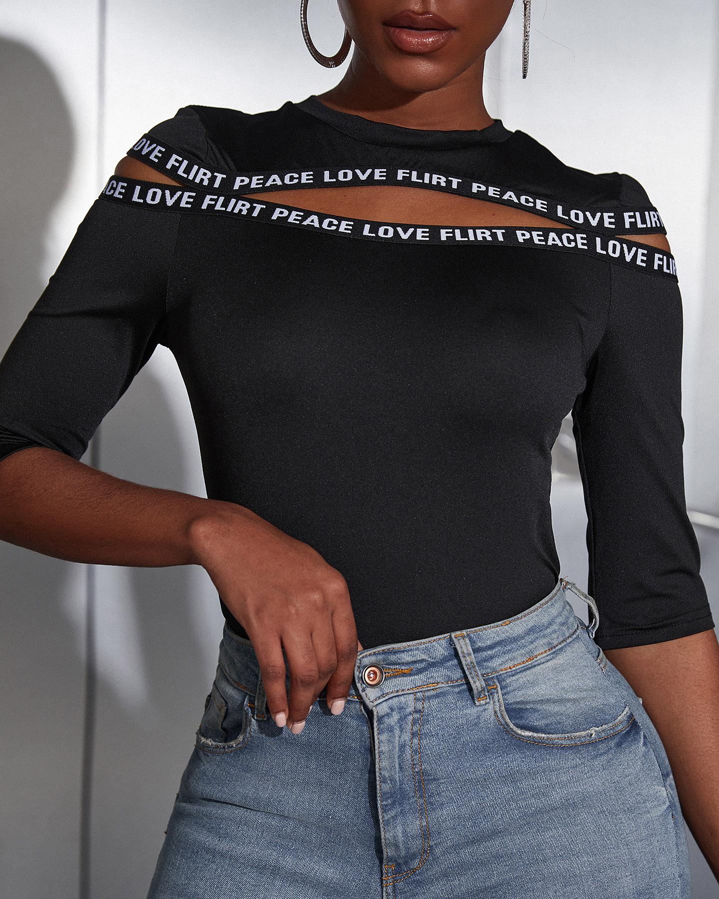 

Letter Print Cutout Half Sleeve Top, Black