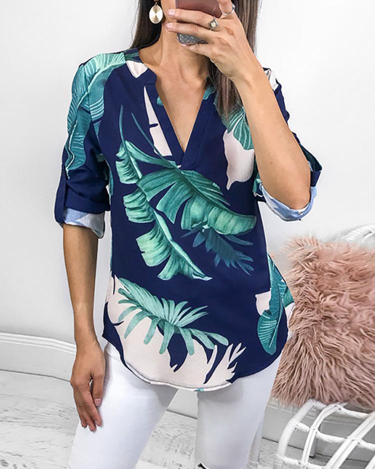 

Leaf Print V Neck Covered Hem Blouse, Blue