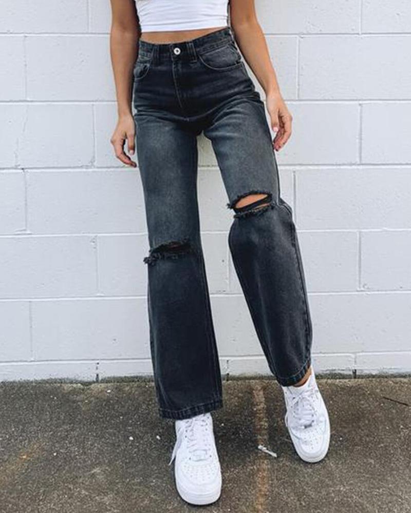 

Cutout Ripped High Waist Jeans, Black