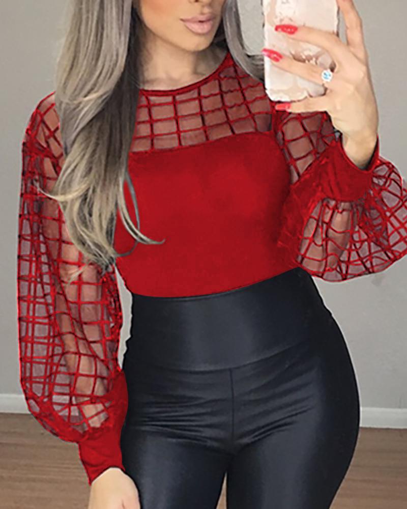 

Sheer Grid Mesh Casual Blouse, Wine red