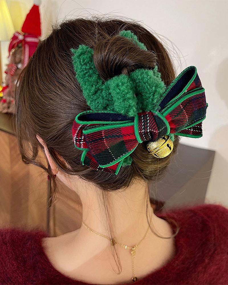 

1pc Christmas Plaid Bowknot Jingle Bell Decor Fluffy Hair Claw, Green