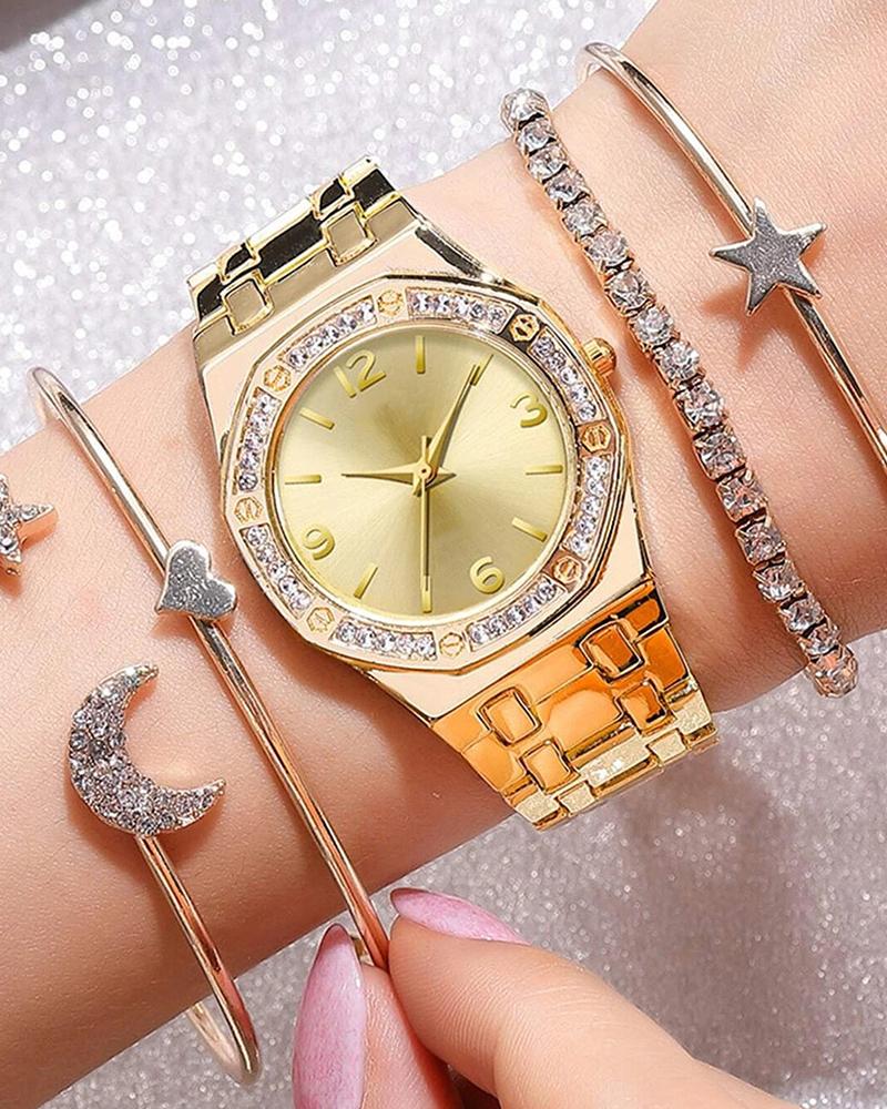 

Rhinestone Stainless Steel Band Pointer Quartz Watch & Star Moon Bracelet Set, Gold